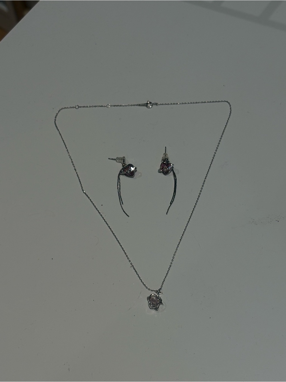 Sterling Silver Pink Crystal Heart Necklace and Earring Set